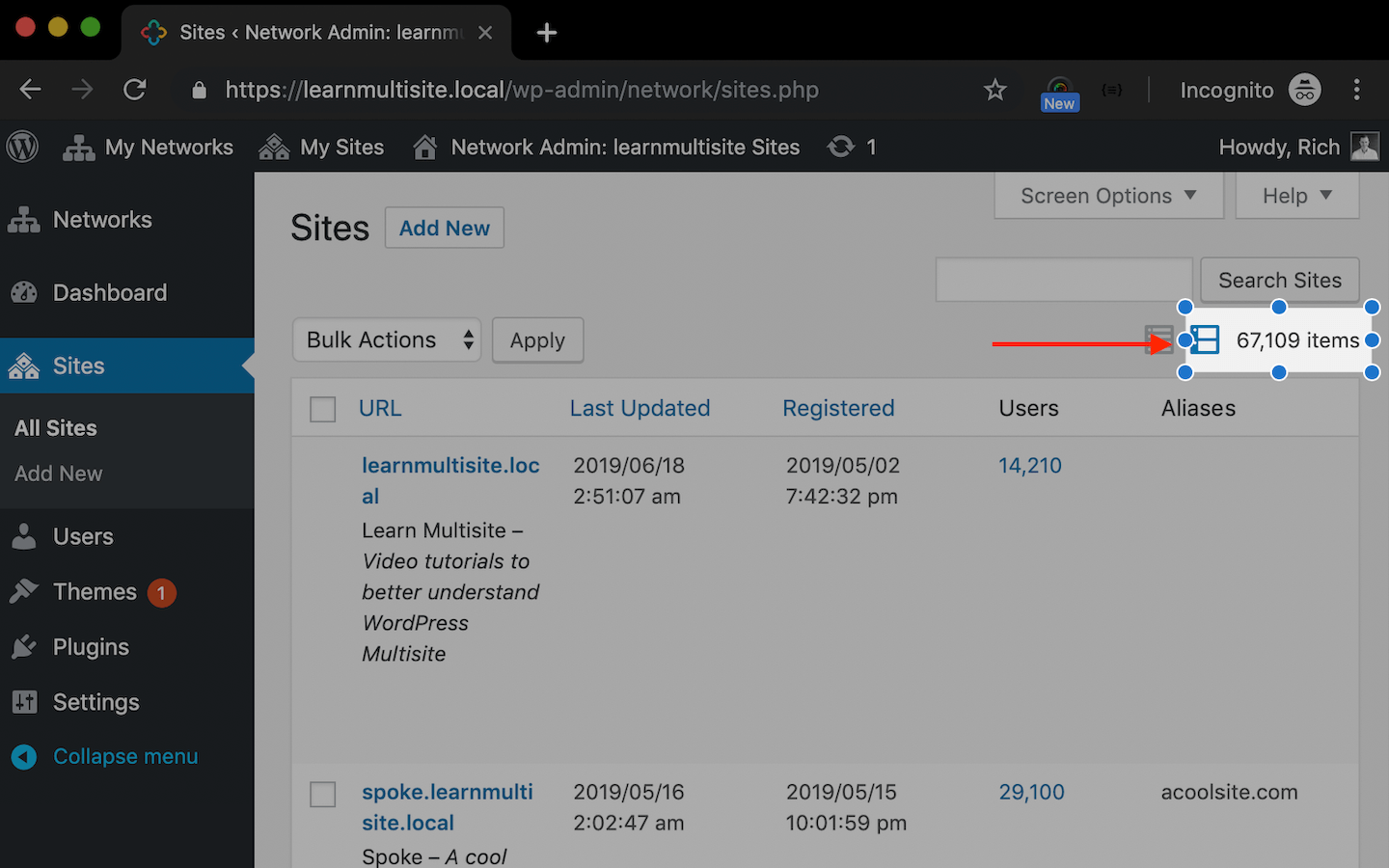 Screenshot of WordPress Network  dashboard highlighting a large number of sites